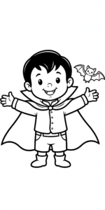 Smiling cartoon vampire boy with fangs and a flowing cape, arms spread wide, with a small bat beside him
