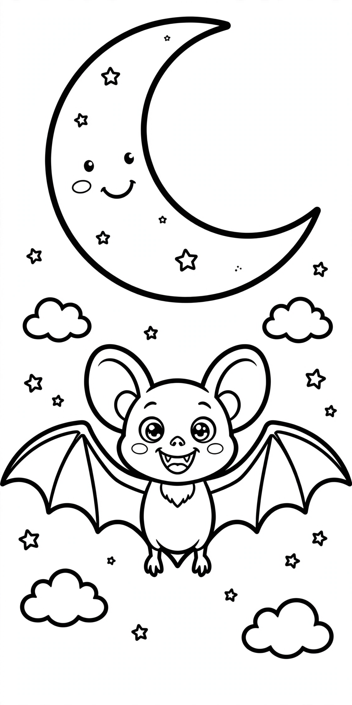 Cute cartoon bat with big ears flying under a smiling crescent moon with stars and clouds