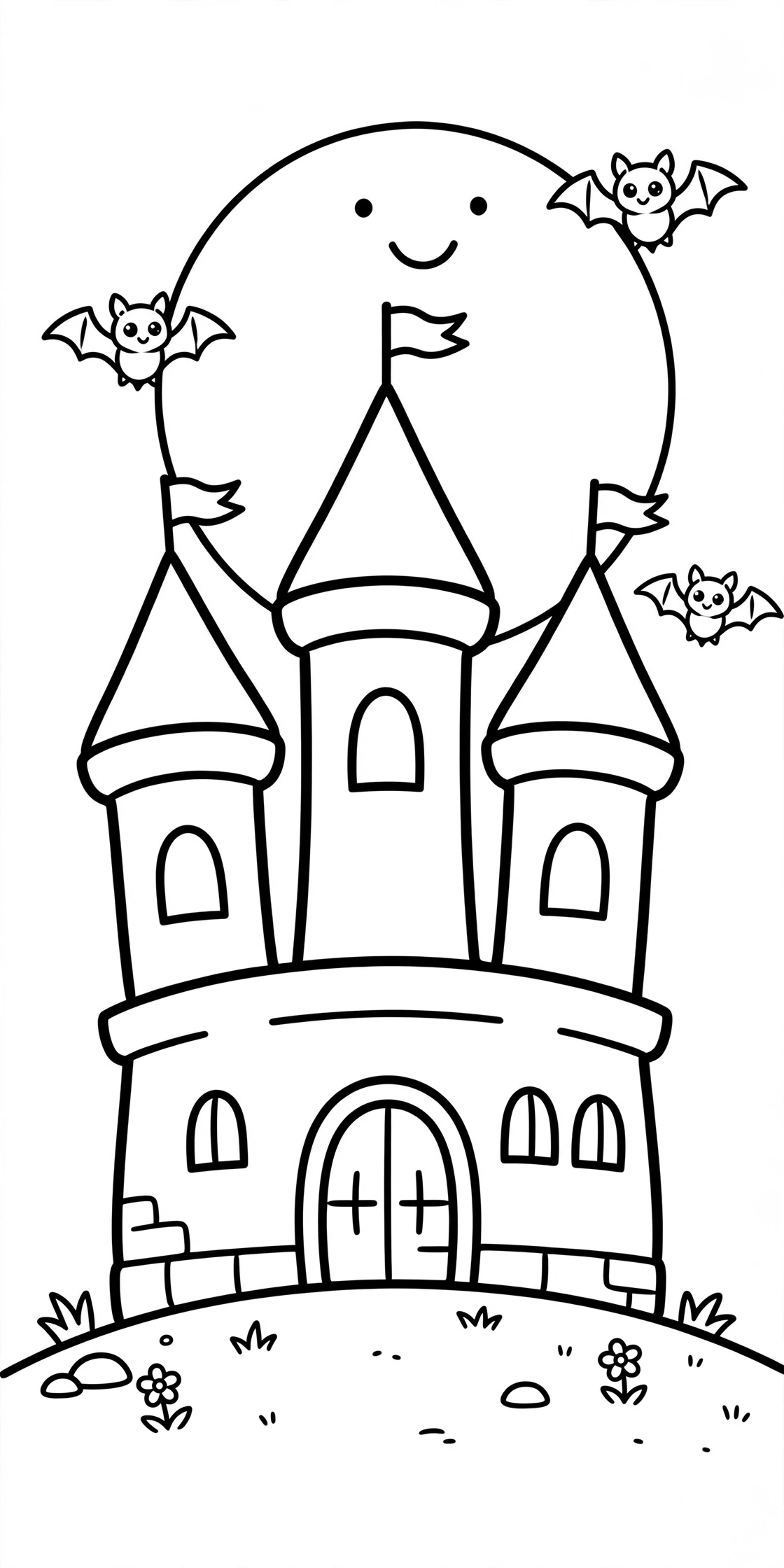 Friendly cartoon castle with three towers and flags under a smiling full moon with bats flying around