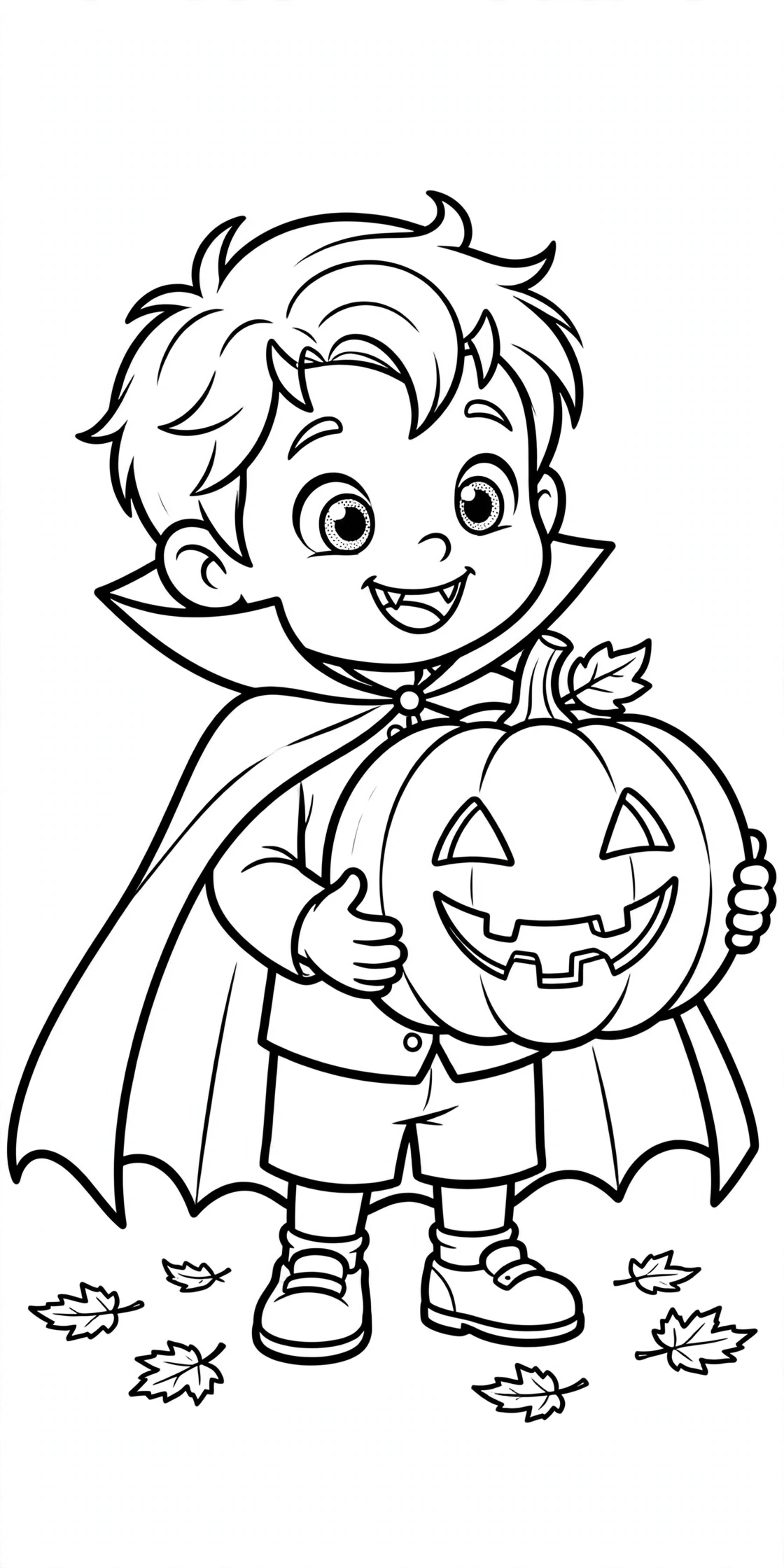 Cute vampire kid in a cape holding a big smiling pumpkin with triangle eyes, leaves on the ground