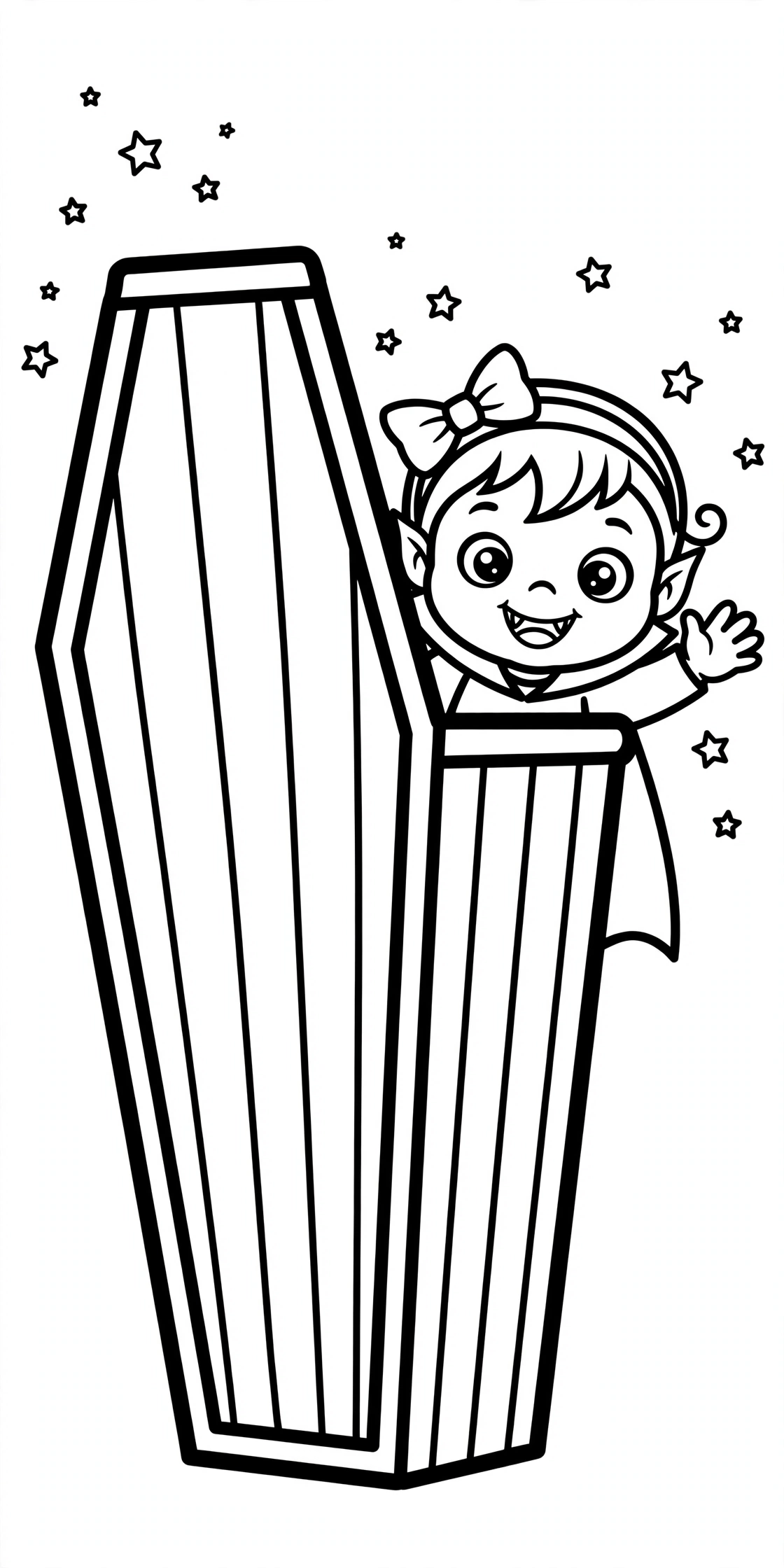 Cute vampire girl with a bow in her hair waving from behind a tall open coffin with stars around