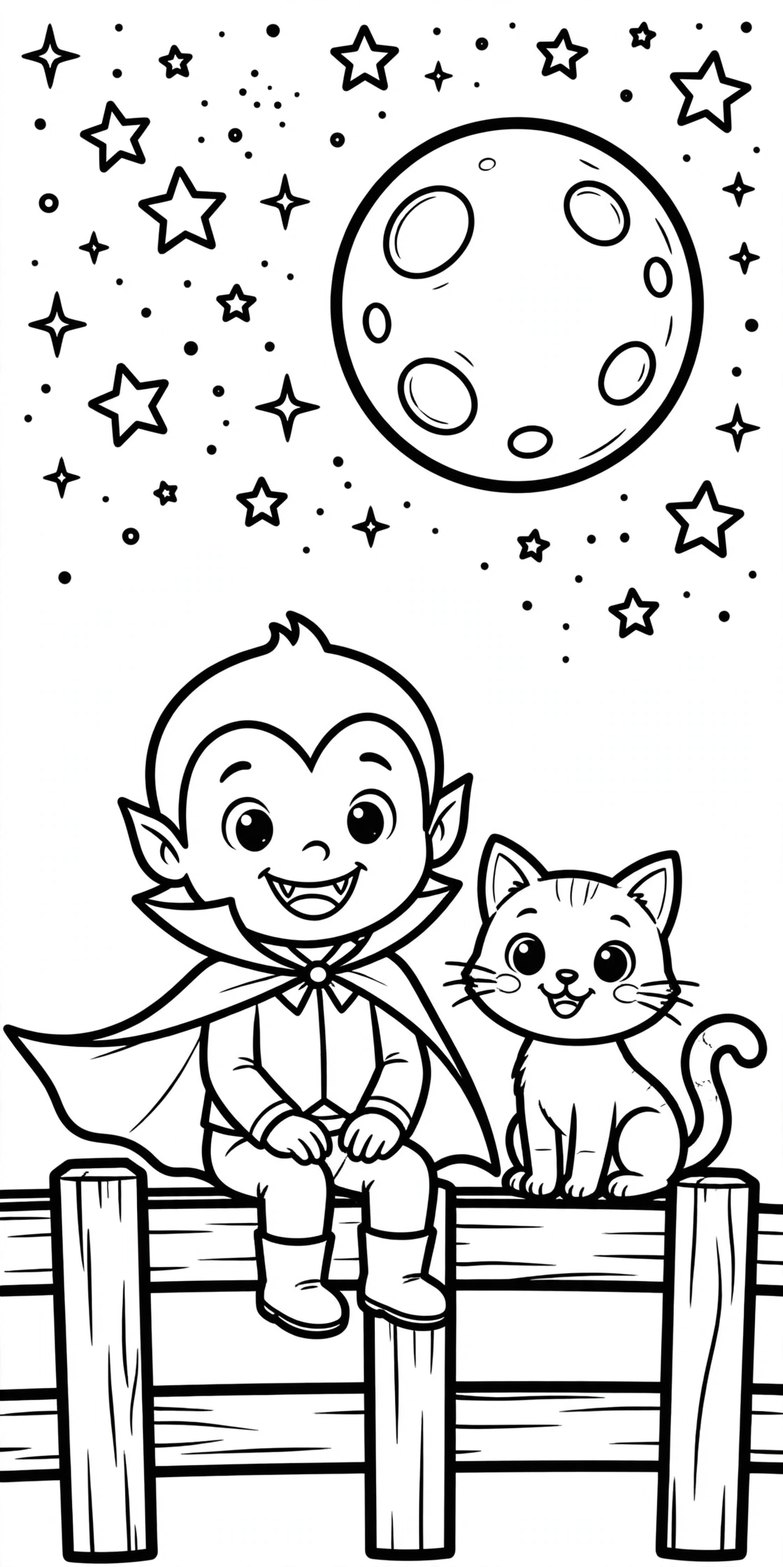 Smiling vampire in a cape sitting on a wooden fence next to a cat under a full moon and stars