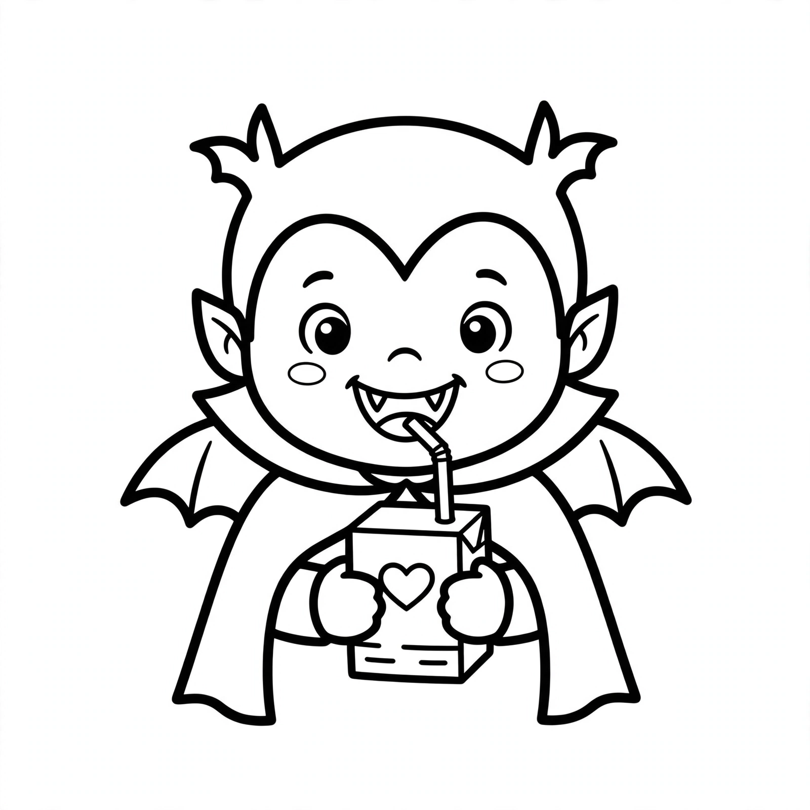 Cute cartoon vampire drinking from a juice box with a straw, smiling