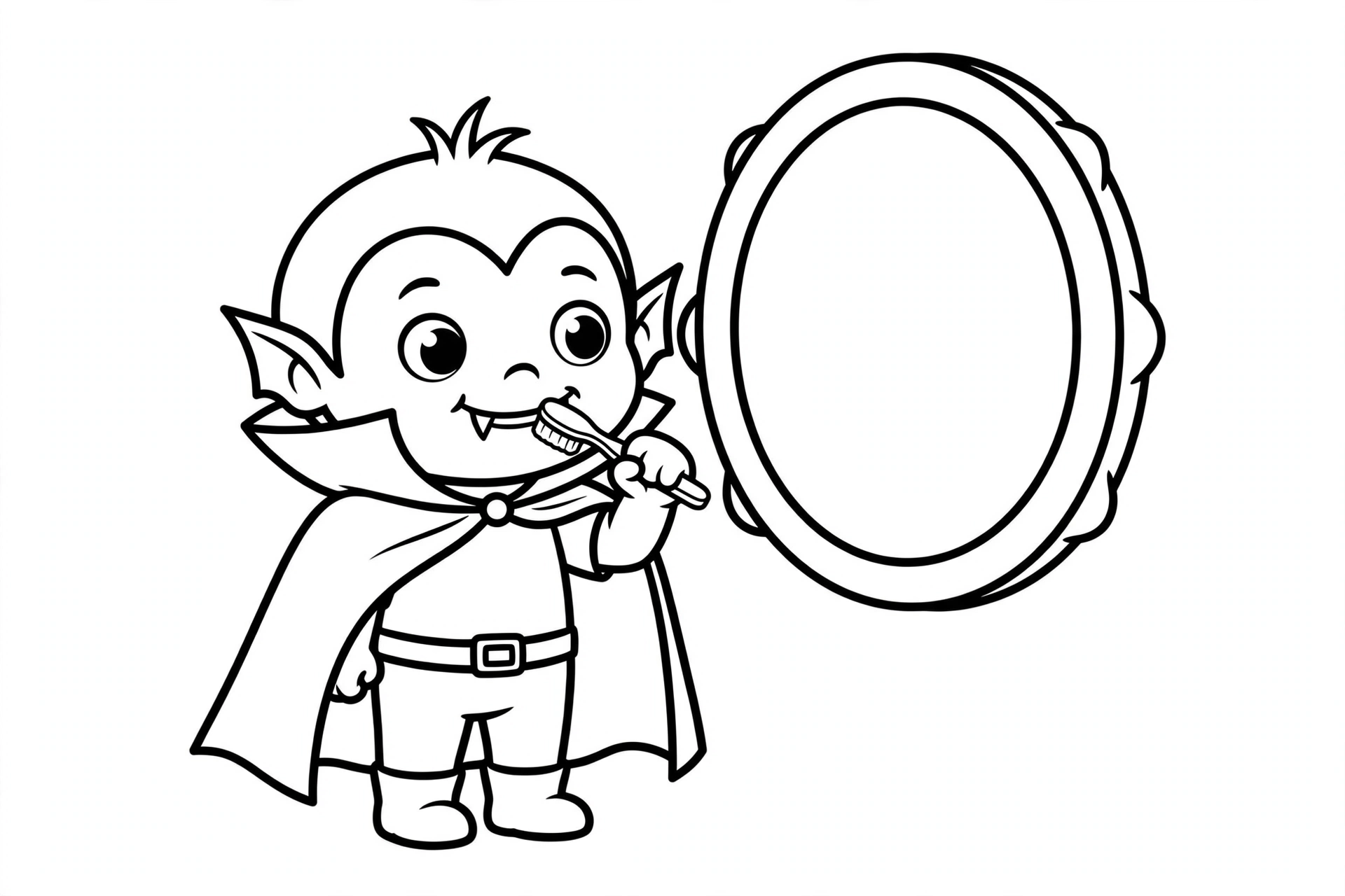 Cute cartoon vampire brushing his little fangs with a toothbrush in front of a round mirror