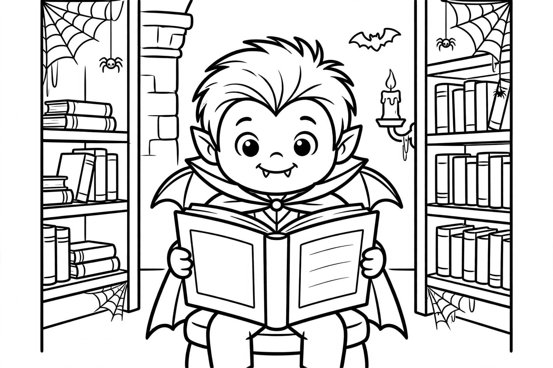 Cute cartoon vampire reading an open book in a haunted library with cobwebs in the corners
