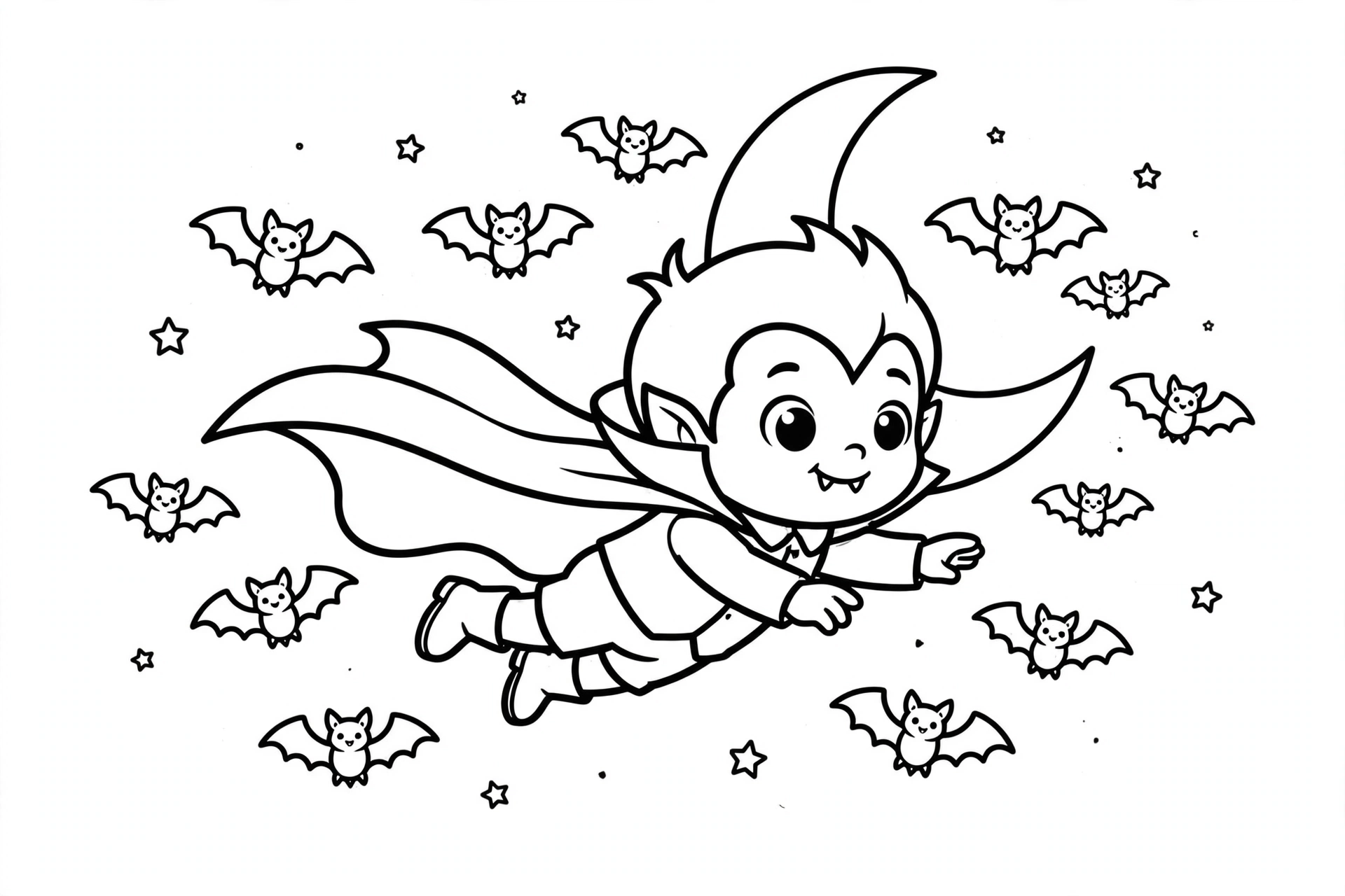 Cute cartoon vampire flying across the night sky with small bats and a crescent moon