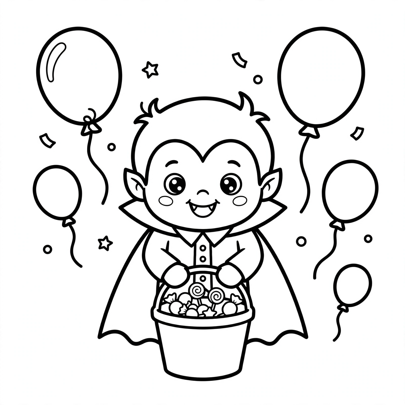 Cute cartoon vampire holding a candy bucket at a Halloween party with balloons around