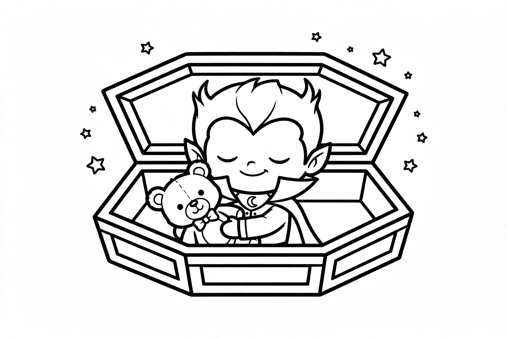 Cute cartoon vampire sleeping in an open coffin hugging a teddy bear with stars around