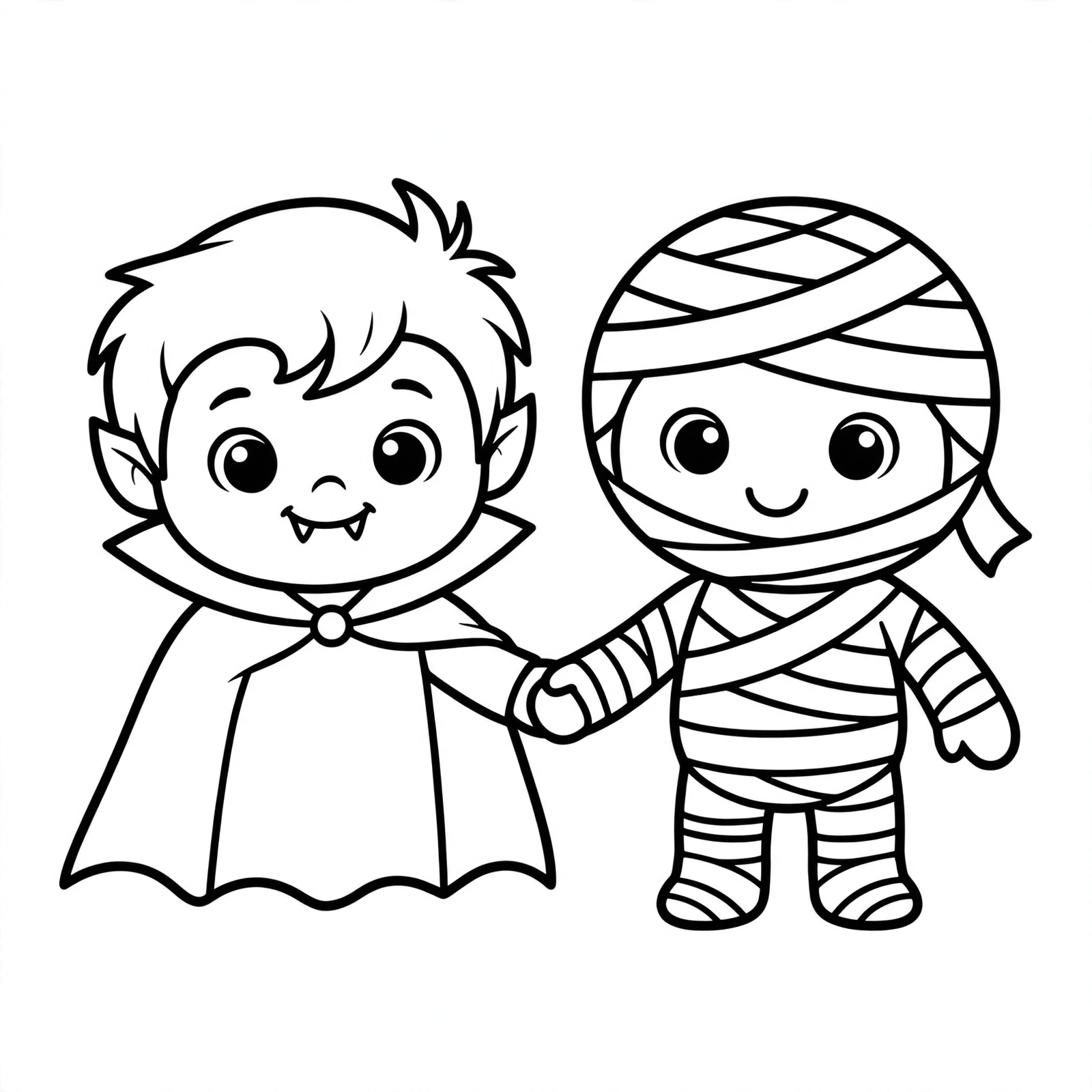 Cute cartoon vampire and a friendly mummy holding hands and smiling