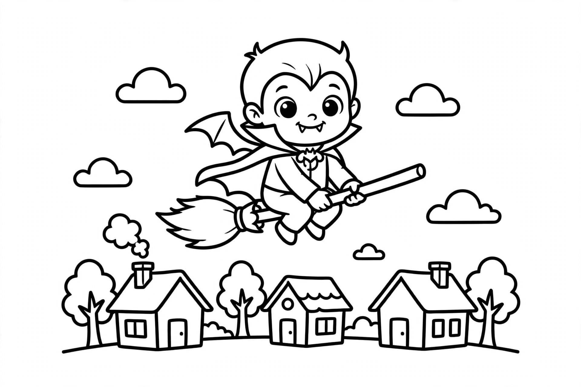 Cute cartoon vampire riding a broomstick over a small village with houses