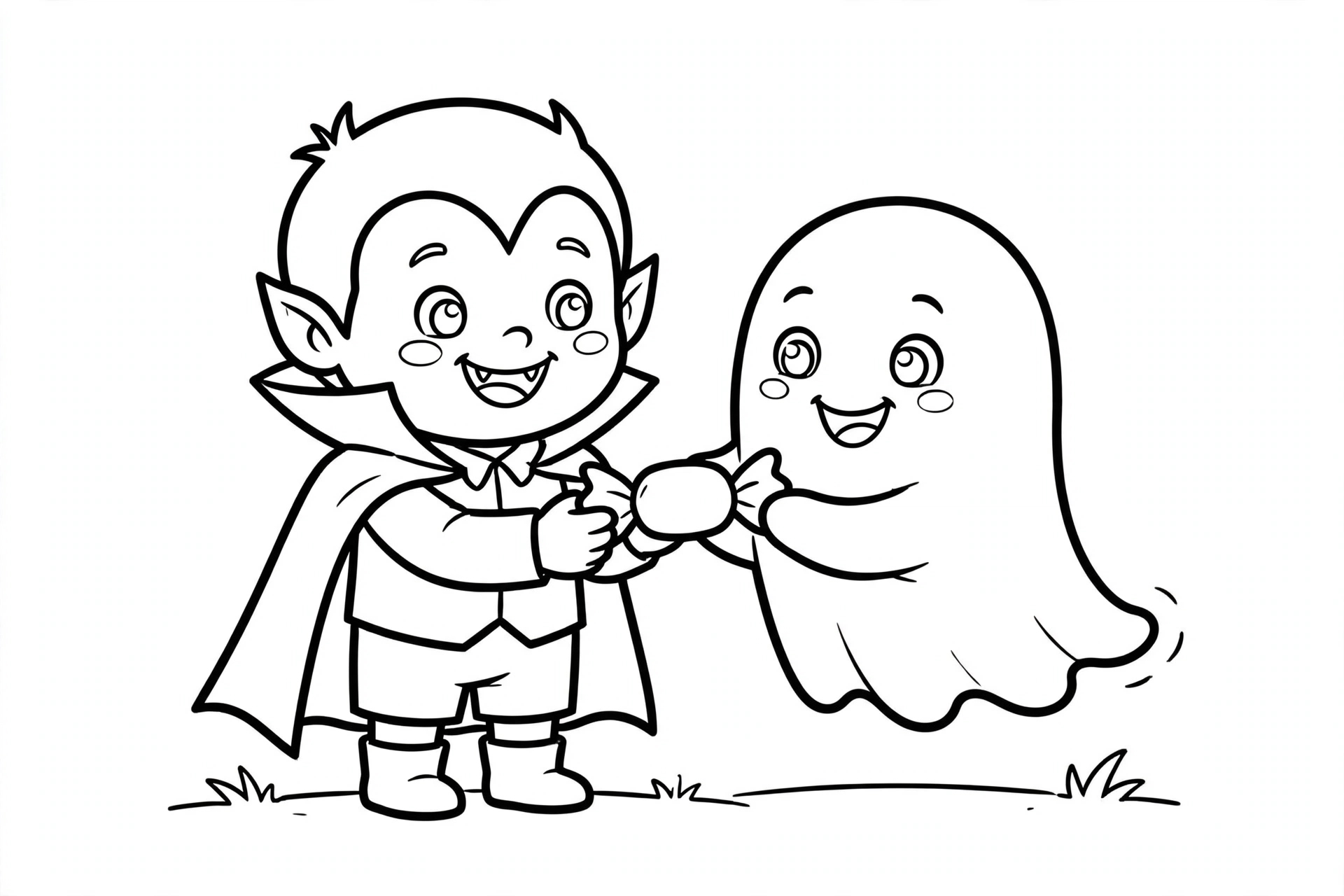 Cute cartoon vampire sharing candy with a cute little ghost friend