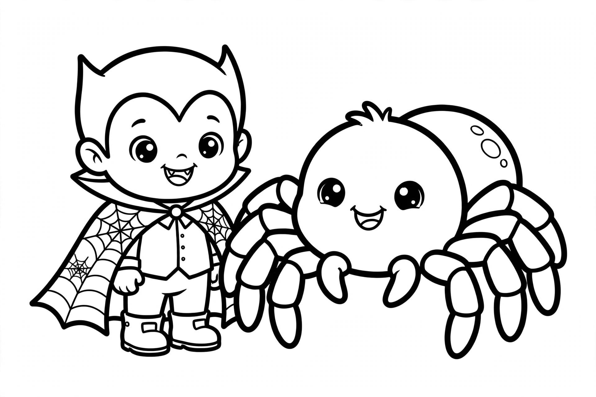Cute cartoon vampire with a spiderweb patterned cape next to a big spider