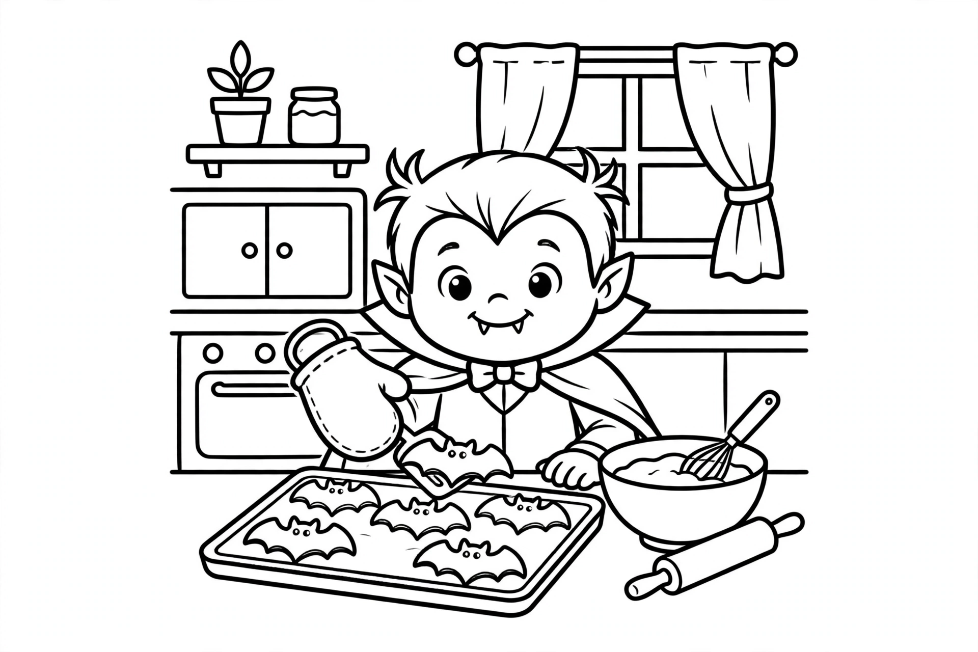 Cute cartoon vampire baking bat shaped cookies in a cozy kitchen